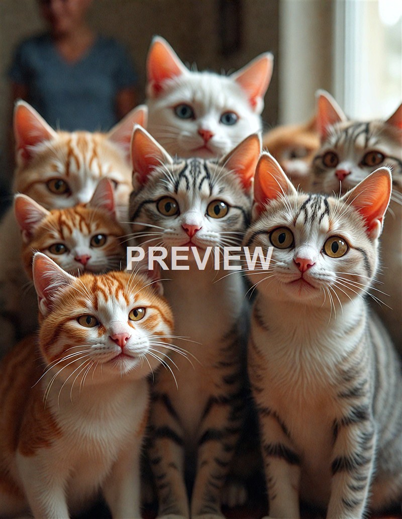 A group of various striped and orange cats with different eye colors gathered closely together indoors, with a person blurred in the background.